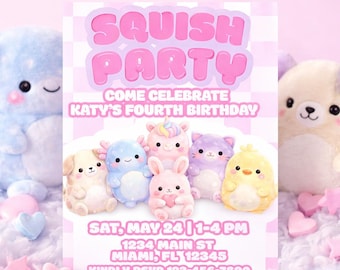 Kawaii Plush Birthday Invitation - Soft Pastel Purple Squishy Theme