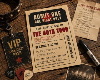 40th Birthday Concert Ticket Invitation, Rockstar VIP Backstage Pass (Editable Template)