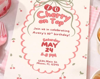 Cherry Birthday Invite, Vintage Style with Bow (Editable Template)
