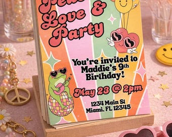 Retro Disco Birthday Invite, Daisies, Peace Signs (Editable Template)
