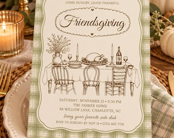 Come Hungry, Leave Thankful Sage Friendsgiving Invitation, Editable Canva Template, 5x7 Printable, Instant Download