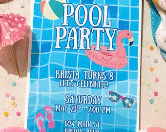 Kids Birthday Invitation: Flamingo Pool Party - Editable Canva Template