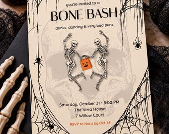 Bone Bash Beige & Black Halloween Invitation, Editable Canva Template, 5x7 Printable, Instant Download