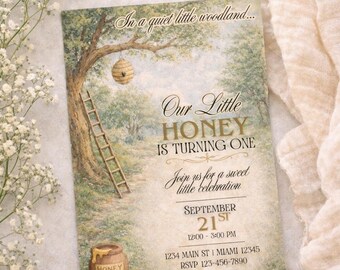 Woodland Honey Bee Invitation: Storybook Watercolor, First Birthday