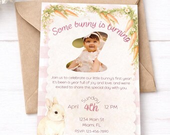 First Birthday Invite: Pink Bunny Theme (Editable Printable Template)