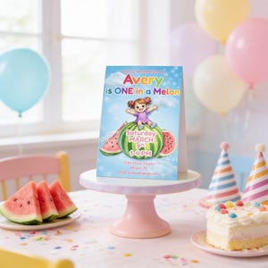May include: A rectangular birthday invitation card featuring a cartoon child sitting on a watermelon with the text "Join us to celebrate as Avery is ONE in a Melon", "Saturday MARCH 9th 1-4 PM", "1234 Main Street Miami, FL", and "RSVP: firstlast@gmail.com".