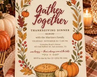 Gather Together Autumn Thanksgiving Dinner Invitation, Editable Canva Template, 5x7 Printable, Instant Download