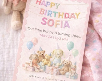 Birthday Invitation: Soft Pastel Animals - Editable & Printable