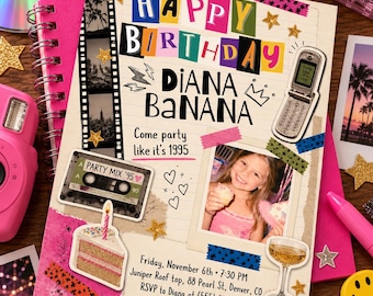 Y2K Scrapbook Happy Birthday Photo Invitation, Editable Canva Template, 5x7 Printable, Instant Download