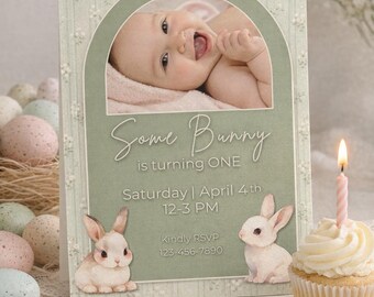 Sage Bunny First Birthday Invitation: Watercolor Floral Photo Invite