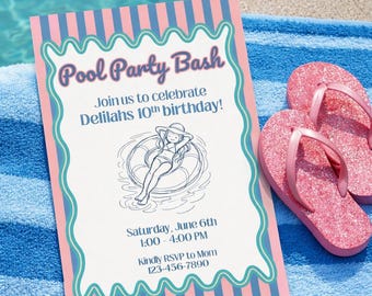 Pool Party Birthday Invitation: Pink Blue Stripes, Wavy Border