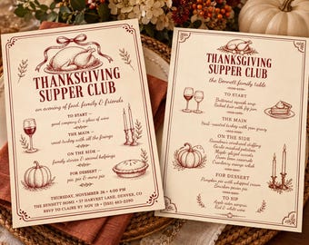 Thanksgiving Supper Club Invitation & Menu Bundle, Editable Canva Template, Instant Download