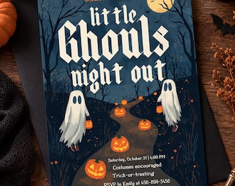 Little Ghouls Night Out Kids Halloween Invitation, Editable Canva Template, 5x7 Printable, Instant Download