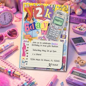 Invitación de cumpleaños estilo Y2K, fiesta retro de los 90 y 2000, plantilla retro (descarga digital)