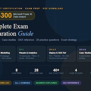 May include: A dark blue digital graphic promoting a PL-300 Microsoft Power BI Data Analyst exam preparation guide. The guide includes study notes, case studies, and practice questions. It features 40 pages, 8 chapters, and over 40 DAX functions.