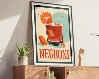 Negroni Cocktail Art Print, Retro Bar Cart Decor, Mid Century Modern Kitchen Wall Art, Vintage Beverage Poster, Digital Download, Gift