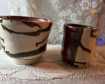 RARE Vintage Mid-Century Signed LaForet Studio Pottery Bowls - Set of 2 - Abstract Drip Glaze