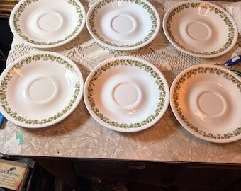Vintage Corelle Spring Blossom Green "Crazy Daisy" Saucers - Set of 6, 2 cups and 1 bowl - MINT
