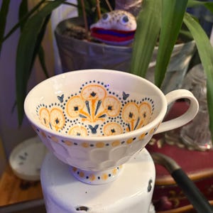 Vintage Anthropologie With a Twist Footed Mug by Elka Ayaka, Boho Floral Honeycomb Pedestal Teacup Ceramic Coffee Cup Replacement Piece