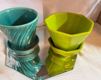 Vintage MCM Pottery Planter Set Shawnee Swirl & Geometric Octagon - Turquoise and Lime