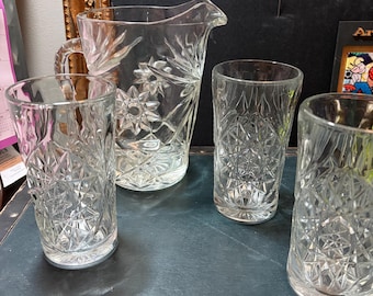 Vintage Anchor Hocking Star of David Pitcher and Iced Tea Glasses Set