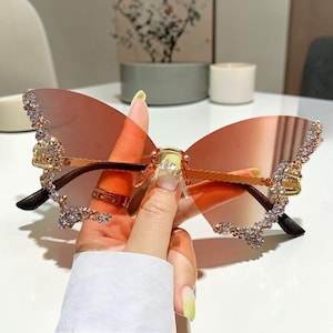 Butterfly Sunglasses for Women, Rhinestone Rimless Butterfly Shades for Her, Gradient Tint Statement Sunglasses, Fashion Sunglasses for Her