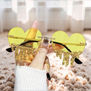 RARE Y2K Gold Aviator Rhinestone Sunglasses! Yellow Frame Glasses Dark Lenses vintage gold metal yellow lens aviator shooting glasses nos  main image 3