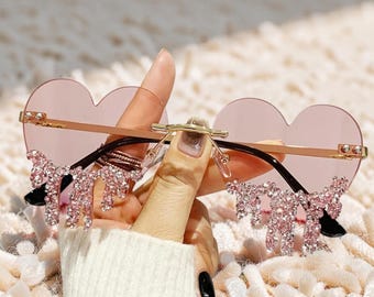 Occhiali da sole Pink Heart Festival, occhiali senza montatura con strass per donna, occhiali da sole per feste, accessori per festival, occhiali da cosplay, regalo per lei
