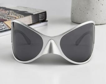 Futuristic Sunglasses for Men and Women, Narrow Wrap Around Sunglasses, Silver Wrap Shades for Men and Women, Unisex Fashion Sunglasses