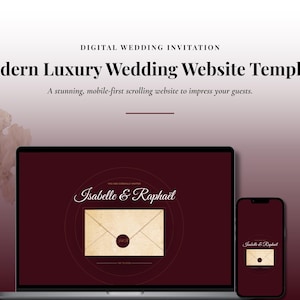 May include: A laptop and smartphone display a wedding website template. The website features a burgundy background with a stylized envelope graphic. Text on the screen reads "Isabelle & Raphaël" and "Modern Luxury Wedding Website Template."