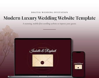 May include: A laptop and smartphone display a wedding website template. The website features a burgundy background with a stylized envelope graphic. Text on the screen reads "Isabelle & Raphaël" and "Modern Luxury Wedding Website Template."