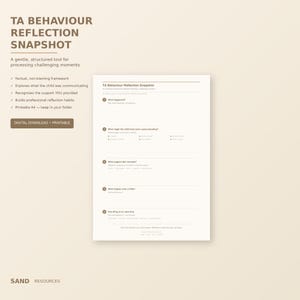 May include: A printable A4 document titled "TA Behaviour Reflection Snapshot" with a beige background. The document includes prompts for processing challenging moments. Text on the document includes "Digital Download Printable" and "Sand Resources."