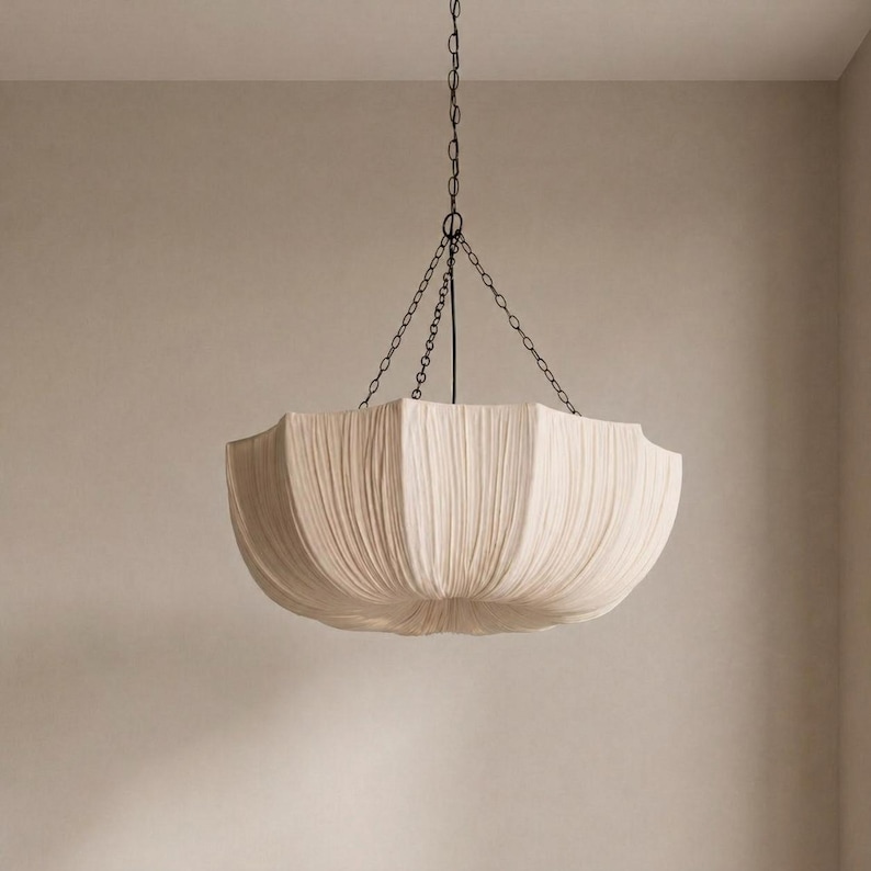 Wabi Sabi Linen Pendant Light, Japandi Hanging Ceiling Lamp, Beige Fabric Fixture image 4