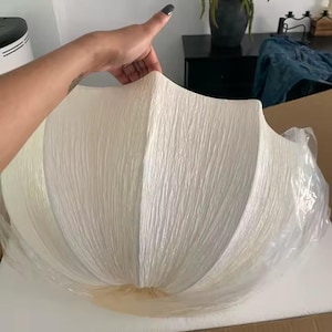 May include: A large, off-white, semi-circular lampshade with a distinctively crinkled, textured surface. The shade features a segmented, shell-like design with vertical ridges radiating from the center, partially encased in clear protective plastic.