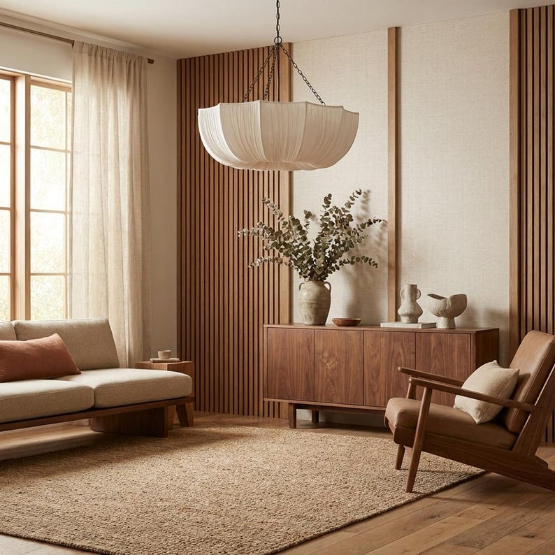 Wabi Sabi Linen Pendant Light, Japandi Hanging Ceiling Lamp, Beige Fabric Fixture image 6