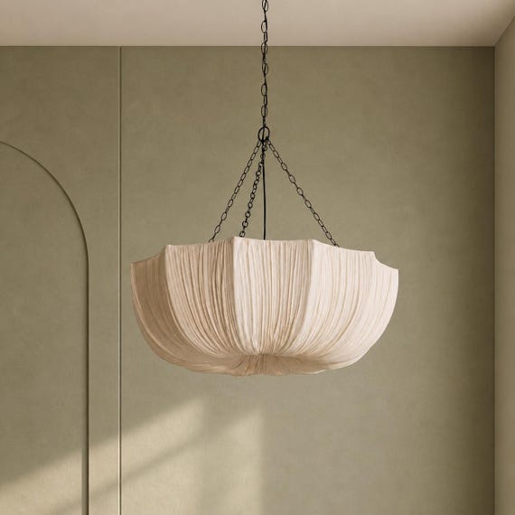 Wabi Sabi Linen Pendant Light, Japandi Hanging Ceiling Lamp, Beige Fabric Fixture