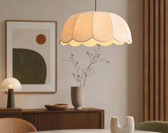 Stoffen hanglamp Wabi Sabi, hangende plafondlamp Japandi, Japanse minimalistische verlichting, gegolfde linnen lampenkap