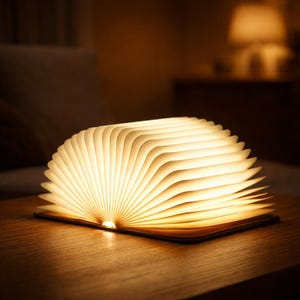 May include: A warm, glowing LED book lamp, open and fanned out on a wooden surface. The pages are illuminated, creating a soft, inviting light. The lamp's design resembles an open book, perfect for a bedside table or reading nook.