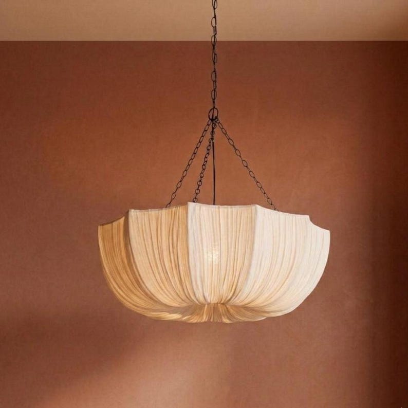 Wabi Sabi Linen Pendant Light, Japandi Hanging Ceiling Lamp, Beige Fabric Fixture image 13
