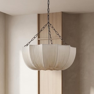 Wabi Sabi Linen Pendant Light, Japandi Hanging Ceiling Lamp, Beige Fabric Fixture image 14