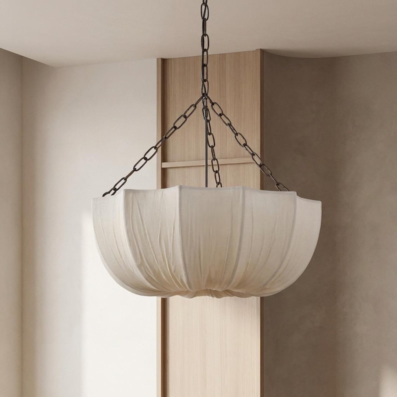 Wabi Sabi Linen Pendant Light, Japandi Hanging Ceiling Lamp, Beige Fabric Fixture image 14