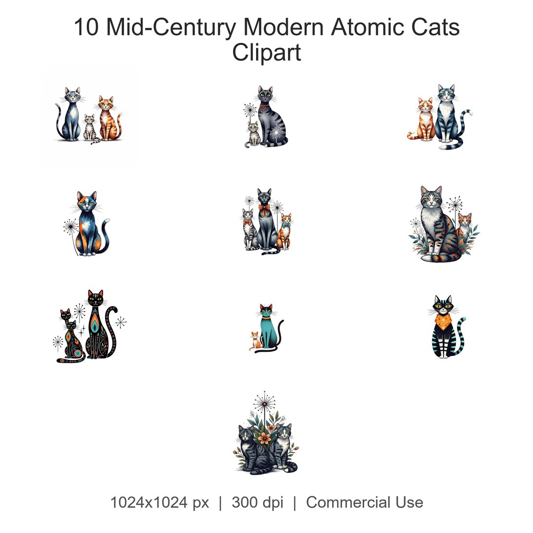 Mid-century Modern Atomic Cats Clipart Bundle | 10 PNG Files ...