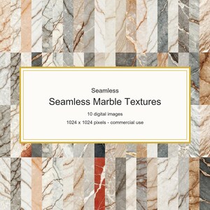 May include: A collection of seamless marble textures in various colors, including beige, gray, and brown. The image displays a grid of rectangular tiles with different marble patterns. Text on the image reads "Seamless Marble Textures" and specifies 10 digital images.