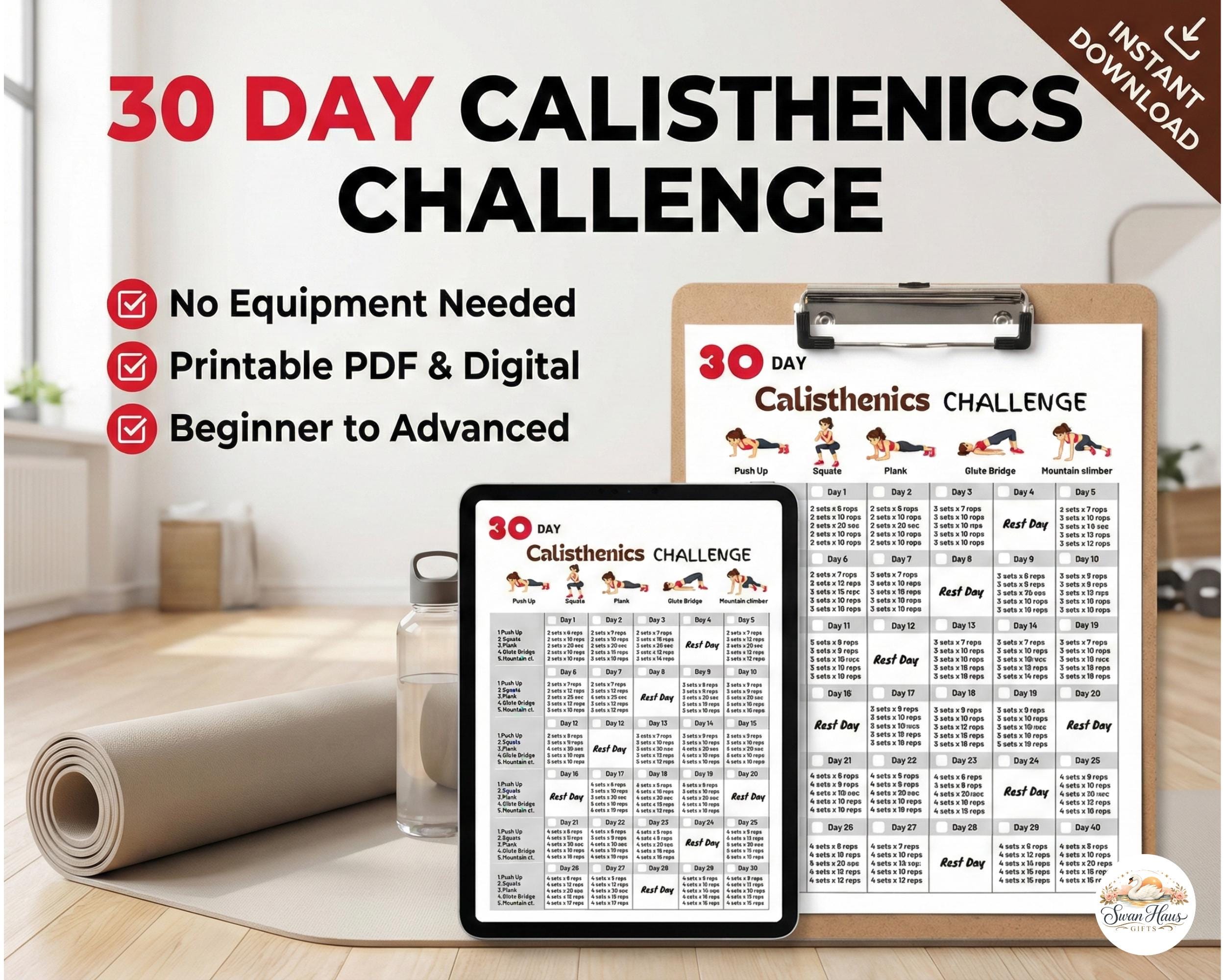 30 Day Calisthenics Workout Challenge Home Beginner Workout Planner No Equipment Fitness Plan ...