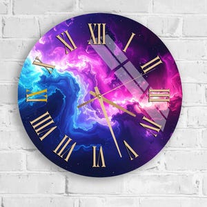 Tempered Glass Galaxy Nebula Wall Clock Purple Pink Modern Bathroom Decor Silent Unique Home Gift Spa Bedroom Living Room Cosmic Art