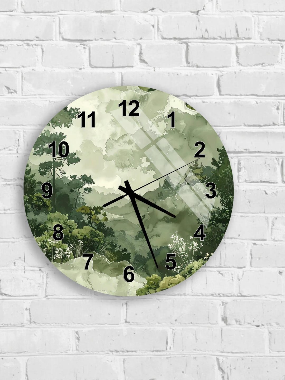 Clock Sencery Tempered Glass Wall Clock, Forest Scenery, Green Landscape Decor ...