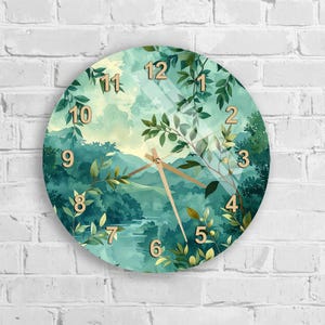 Tempered Glass Art, Botanical Wall Clock, Green Nature Art, Housewarming Decor, Silent Mechanism