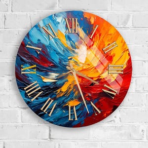 Gehärtetes Glas Abstraktes Feuer Wanduhr Blau Orange Modernes Dekor Stilles Einzigartiges Geschenk für Wohnzimmer, Badezimmer Galerie Dynamische Kunst