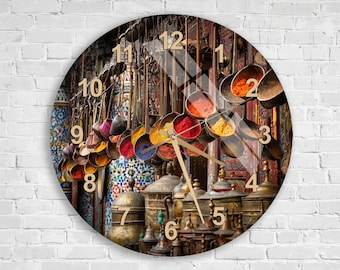 Vibrant Spice Market Art Tempered Glass Wall Clock | Bohemian Kitchen Decor Global Bazaar Style Gift