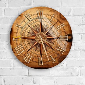 Glass Wall Clock, Compass Rose Design, Nautical Map, Silent Sweep Movement